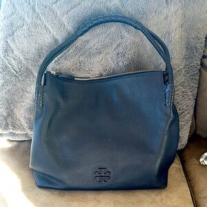 Dark navy blue pebbled  leather hobo shoulder bag